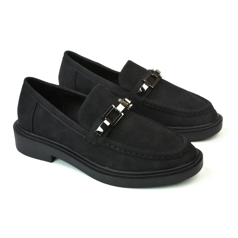 Dakoa Gold Chain Detail Back to School Shoes Chunky Loafers in Black Faux Suede sold by XYlondon