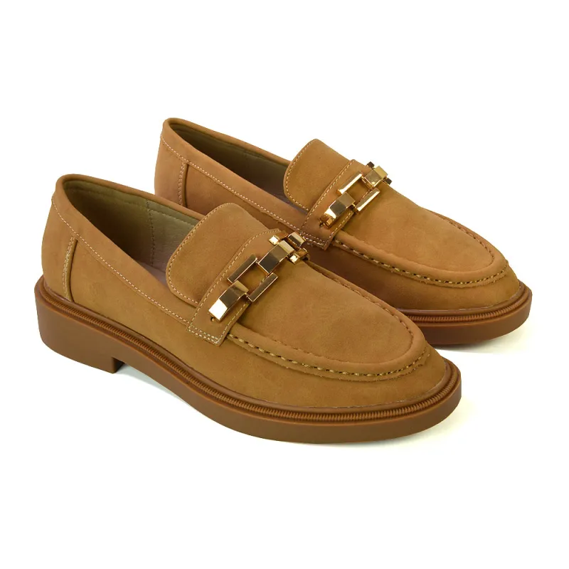 Dakoa Gold Chain Detail Back to School Shoes Chunky Loafers in Tan Faux Suede sold by XYlondon