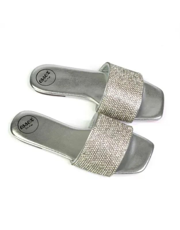 Vanity Flat Diamante Gem Crystal Sandals with a Square Toe in Silver sold by XYlondon
