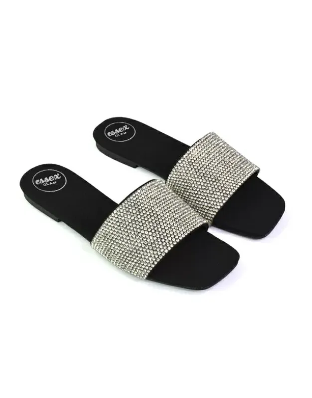 Vanity Flat Diamante Gem Crystal Sandals with a Square Toe in Black made by XYlondon