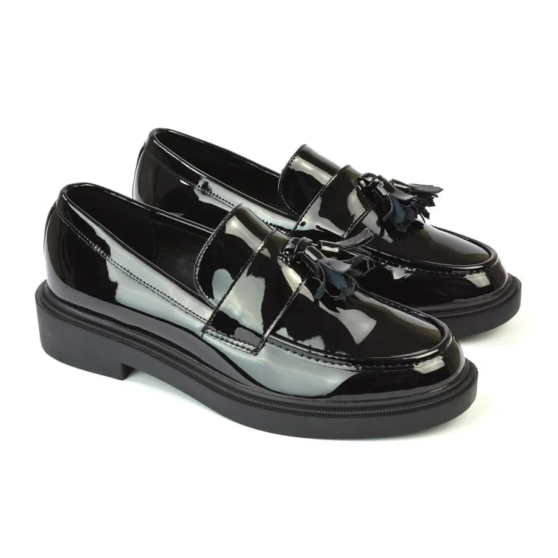 Alida Chunky Loafers Tassel Back To School Flat Shoes in Black Patent sold by XYlondon