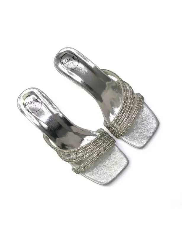 Jennie Square Toe Diamante Sparkly Gem Crystal Sandal Heeled Mules in Silver sold by XYlondon