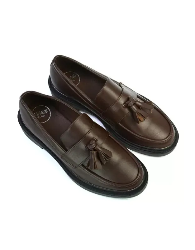 Alida Chunky Loafers Tassel Back To School Flat Shoes in Brown Synthetic Leather sold by XYlondon