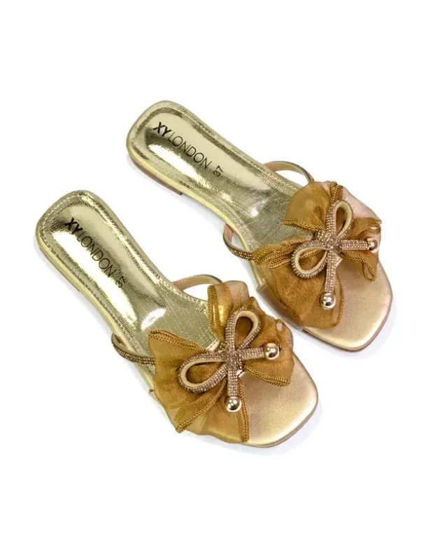 Zendaya Mesh Diamante Bow Flat Sandal Square Toe Bridal Shoes in Gold sold by XYlondon