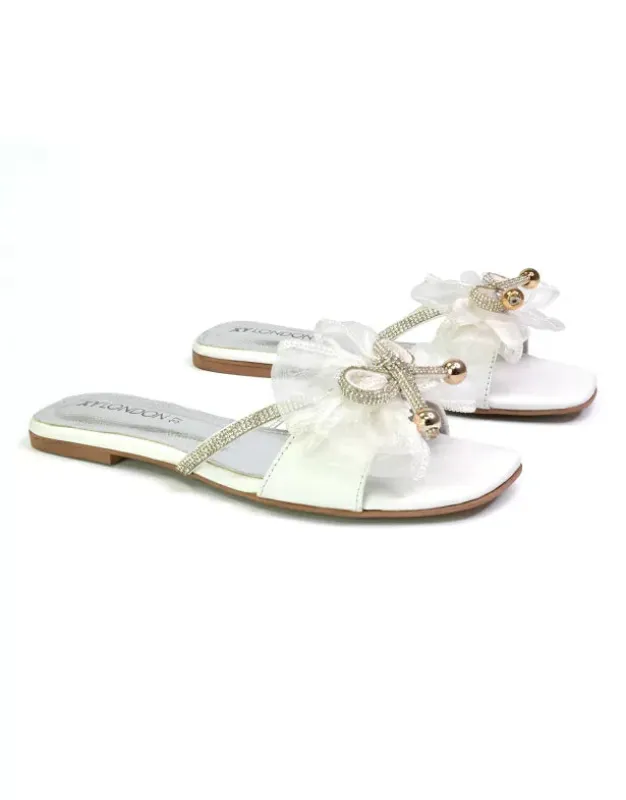 Zendaya Mesh Diamante Bow Flat Sandal Square Toe Bridal Shoes in White sold by XYlondon