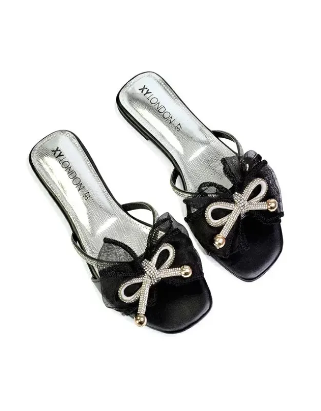 Zendaya Mesh Diamante Bow Flat Sandal Square Toe Bridal Shoes in Black sold by XYlondon