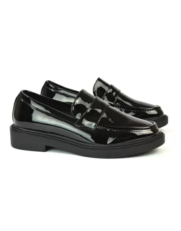 Hanah Chunky Loafers Flat Back To School Shoes In Black Patent sold by XYlondon