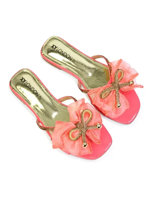 Zendaya Mesh Diamante Bow Flat Sandal Square Toe Bridal Shoes in Pink sold by XYlondon