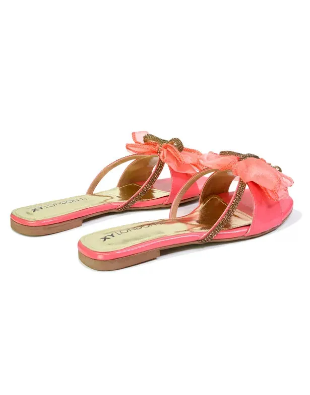 Zendaya Mesh Diamante Bow Flat Sandal Square Toe Bridal Shoes in Pink sold by XYlondon product image thumbnail 4