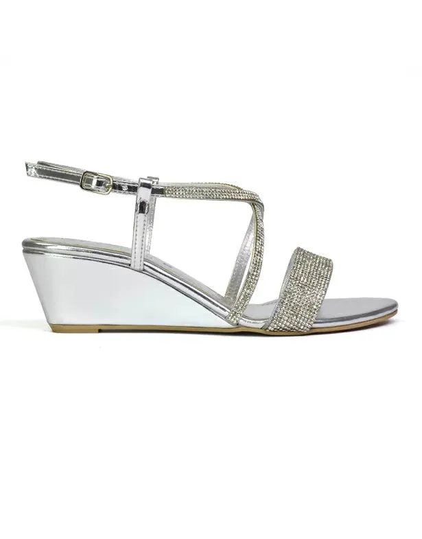 Ocean Sparkly Gem Crystal Diamante Ankle Strap Wedge Heel Sandals in Silver sold by XYlondon product image thumbnail 3