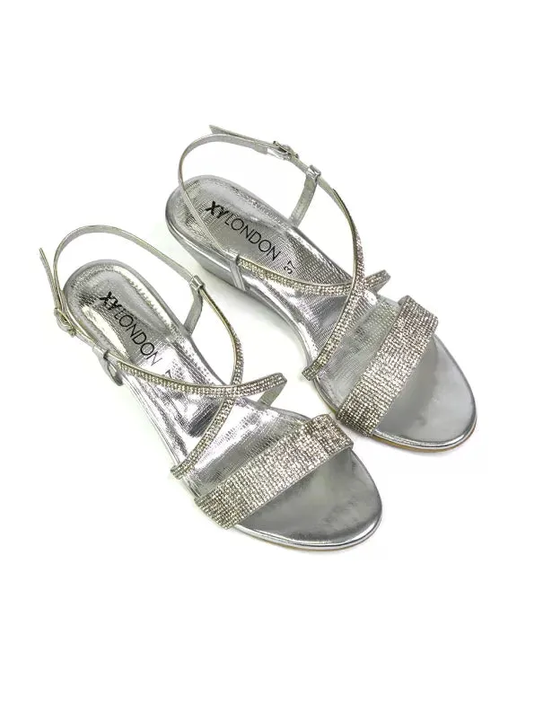 Ocean Sparkly Gem Crystal Diamante Ankle Strap Wedge Heel Sandals in Silver sold by XYlondon