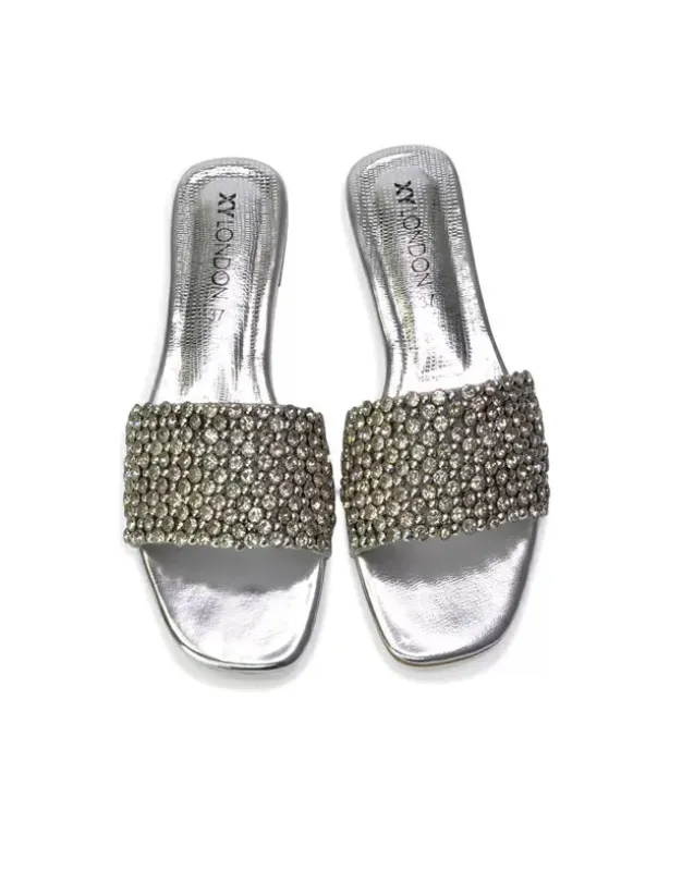 Daisy-Jones Slip On Slider Diamante Flat Sandals With Square Toe in Silver sold by XYlondon