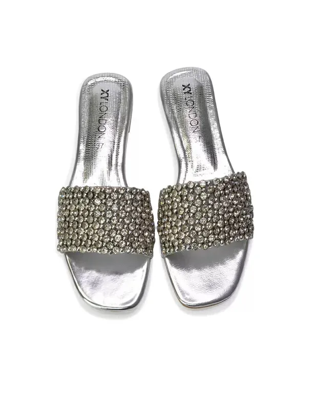Daisy-Jones Slip On Slider Diamante Flat Sandals With Square Toe in Silver sold by XYlondon