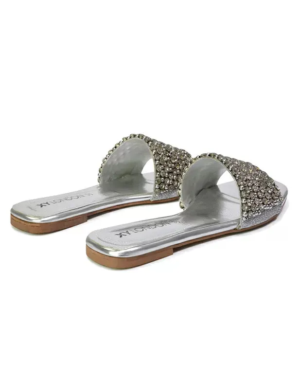 Daisy-Jones Slip On Slider Diamante Flat Sandals With Square Toe in Silver sold by XYlondon product image thumbnail 3