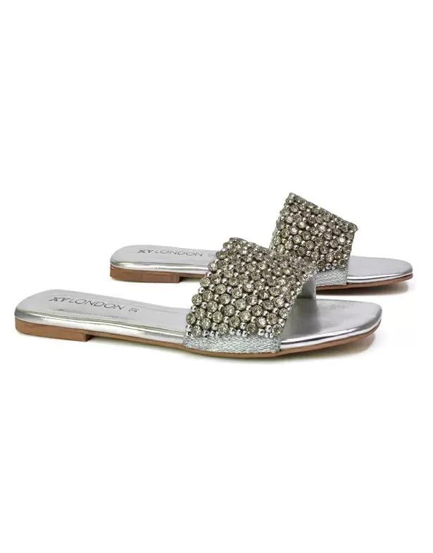 Daisy-Jones Slip On Slider Diamante Flat Sandals With Square Toe in Silver sold by XYlondon product image thumbnail 2