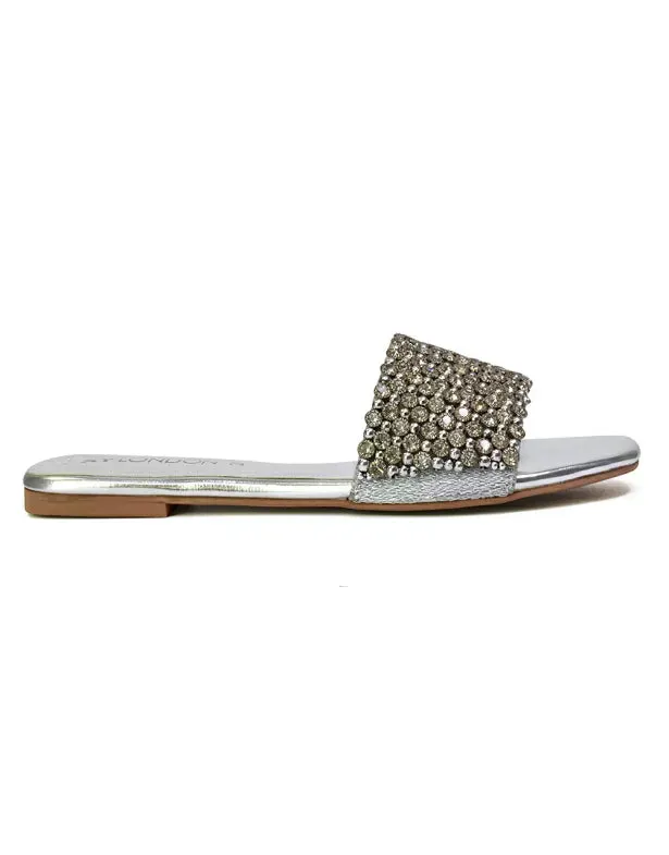 Daisy-Jones Slip On Slider Diamante Flat Sandals With Square Toe in Silver sold by XYlondon product image thumbnail 4