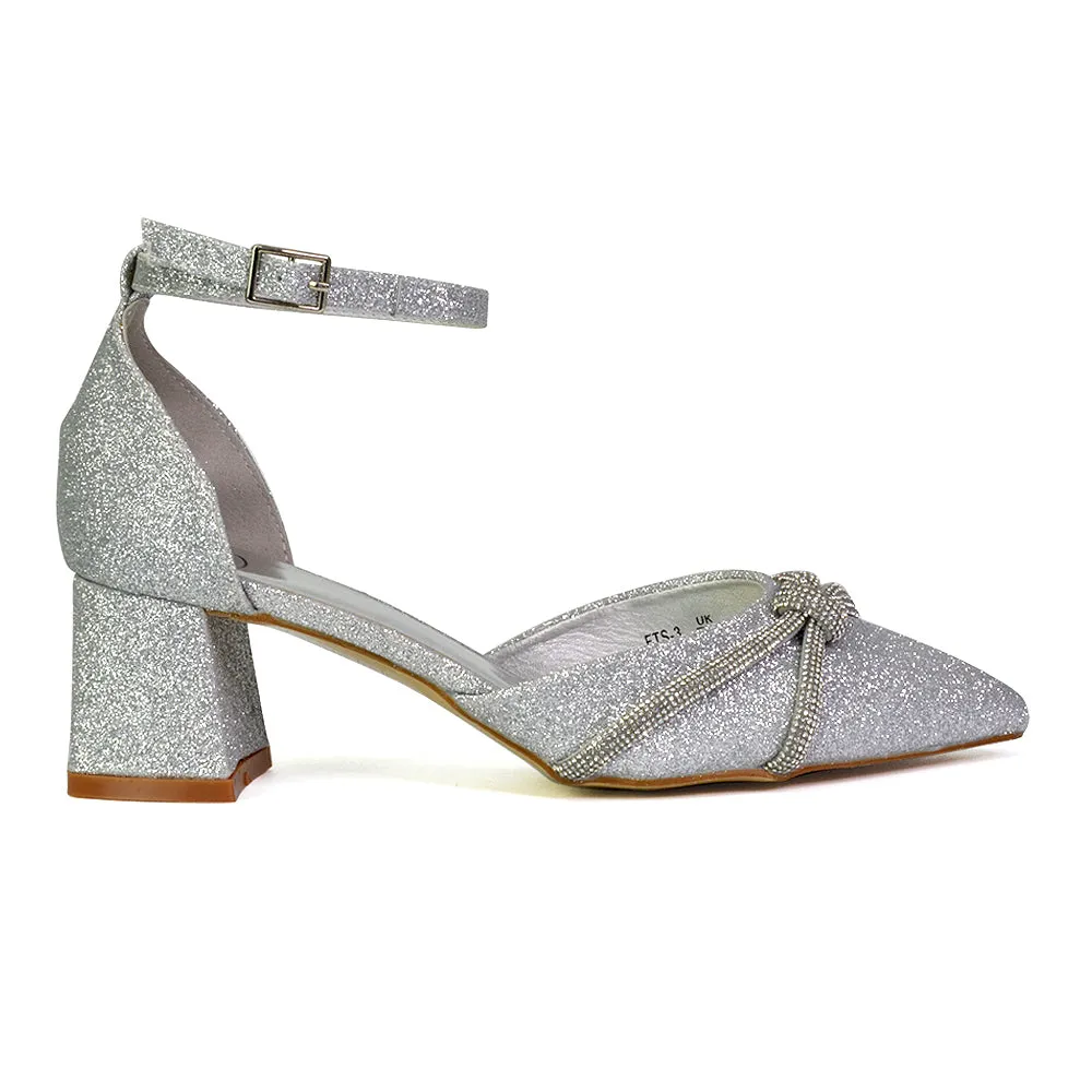Gracie Diamante Strappy Mid Block Heel Sandals With a Pointed Toe in Silver sold by XYlondon product image thumbnail 5