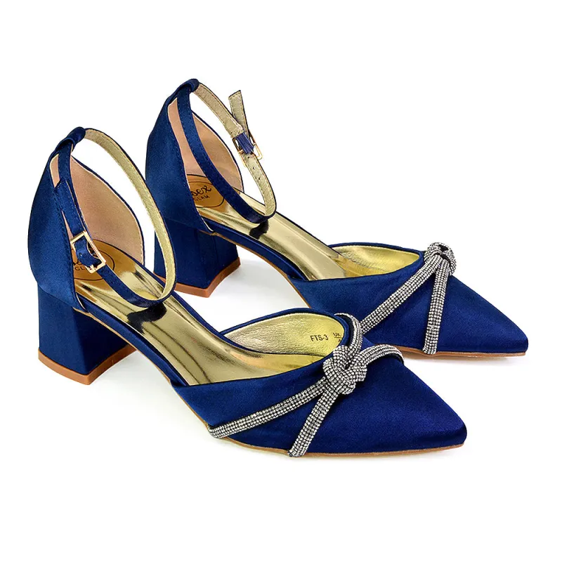 Gracie Diamante Strappy Mid Block Heel Sandals With a Pointed Toe in Navy sold by XYlondon