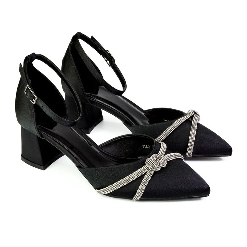 Gracie Diamante Strappy Mid Block Heel Sandals With a Pointed Toe in Black sold by XYlondon