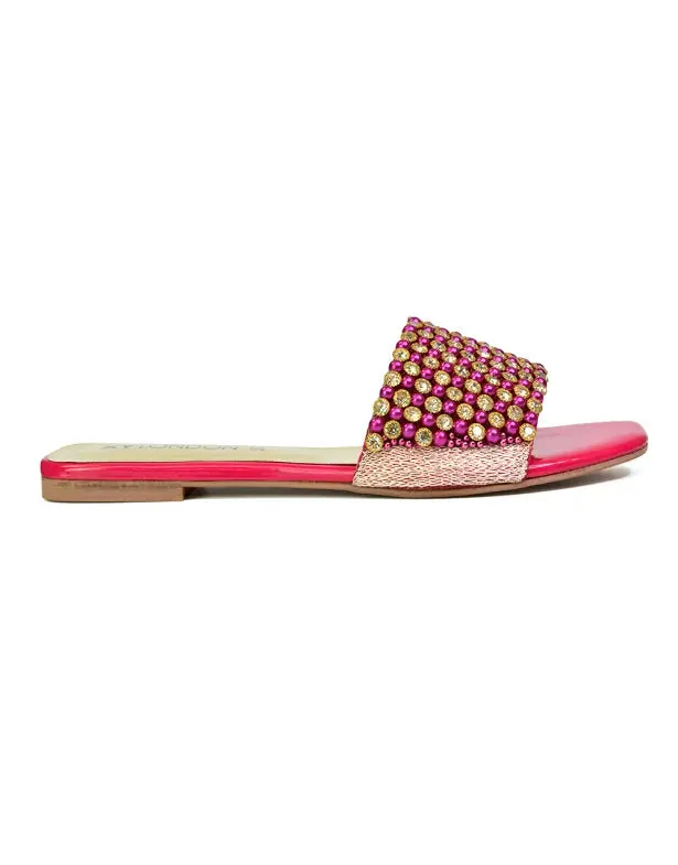 Daisy-Jones Slip On Slider Diamante Flat Sandals With Square Toe in Pink sold by XYlondon product image thumbnail 4