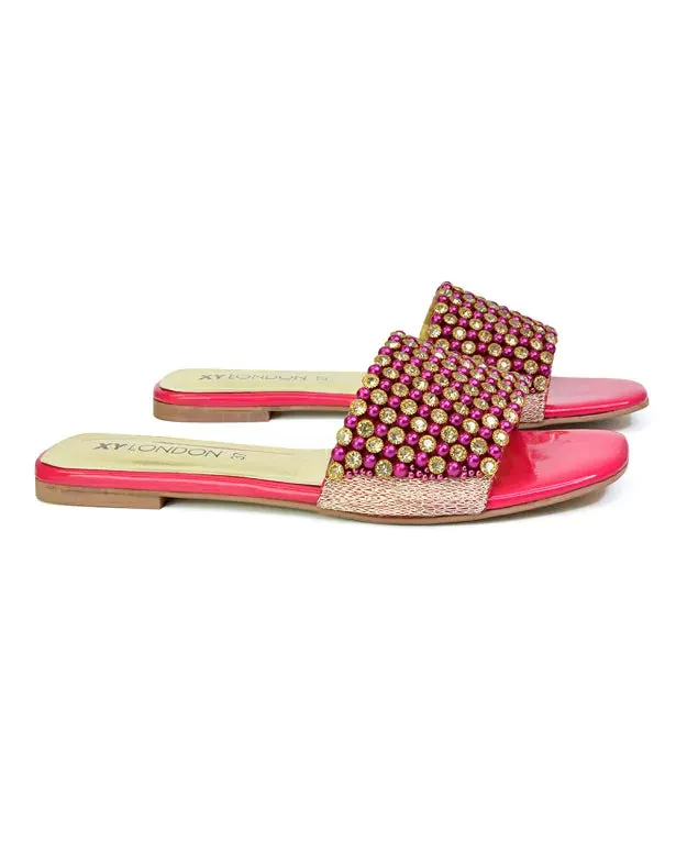 Daisy-Jones Slip On Slider Diamante Flat Sandals With Square Toe in Pink sold by XYlondon product image thumbnail 3