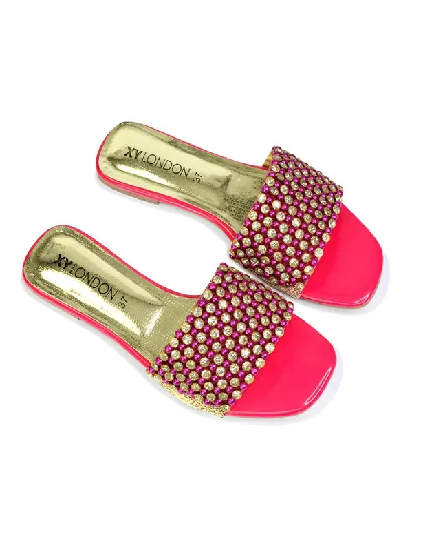 Daisy-Jones Slip On Slider Diamante Flat Sandals With Square Toe in Pink sold by XYlondon product image thumbnail 2