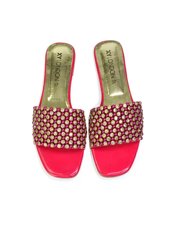 Daisy-Jones Slip On Slider Diamante Flat Sandals With Square Toe in Pink sold by XYlondon
