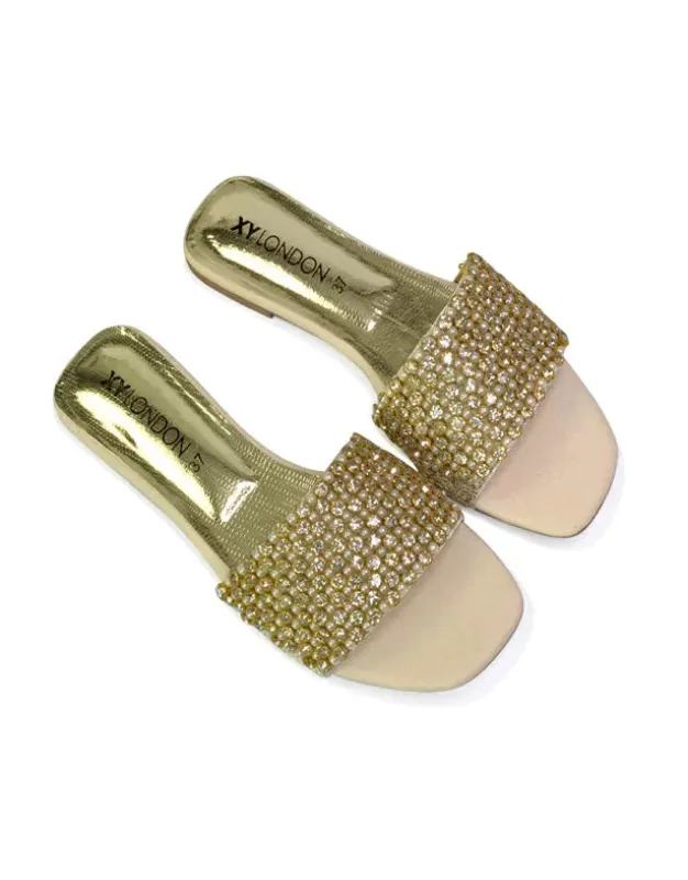 Daisy-Jones Slip On Slider Diamante Flat Sandals With Square Toe in Nude sold by XYlondon