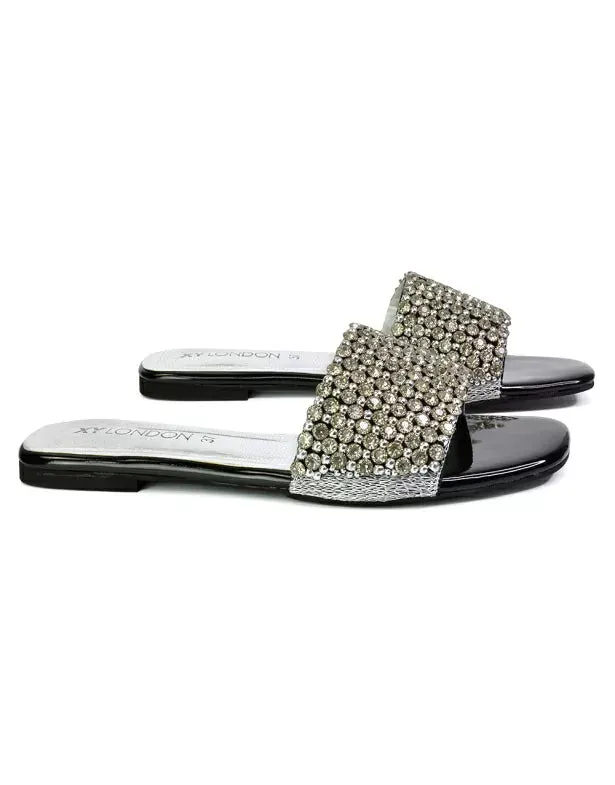 Daisy-Jones Slip On Slider Diamante Flat Sandals With Square Toe in Black sold by XYlondon product image thumbnail 3