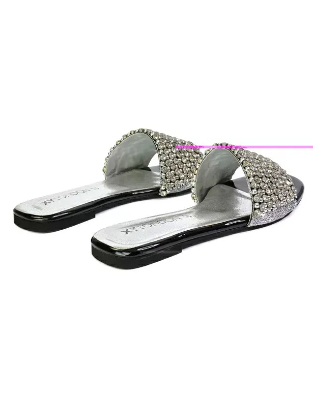 Daisy-Jones Slip On Slider Diamante Flat Sandals With Square Toe in Black sold by XYlondon product image thumbnail 2