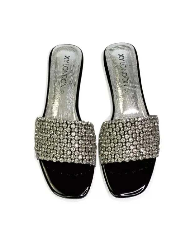 Daisy-Jones Slip On Slider Diamante Flat Sandals With Square Toe in Black sold by XYlondon