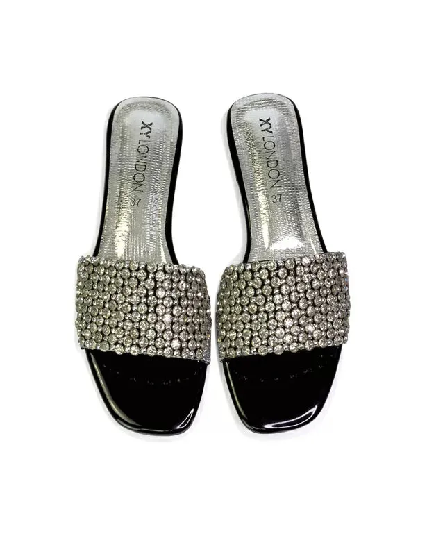 Daisy-Jones Slip On Slider Diamante Flat Sandals With Square Toe in Black sold by XYlondon product image thumbnail 4