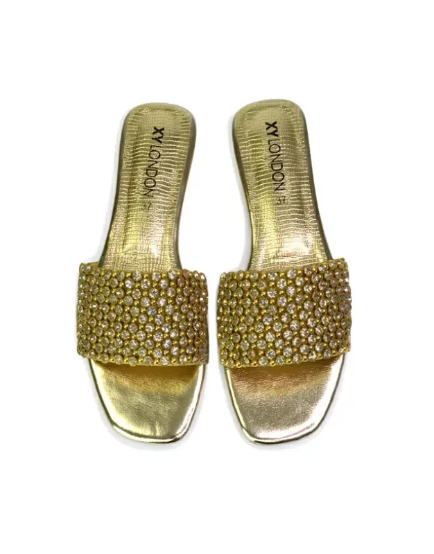 Daisy-Jones Slip On Slider Diamante Flat Sandals With Square Toe in Gold sold by XYlondon