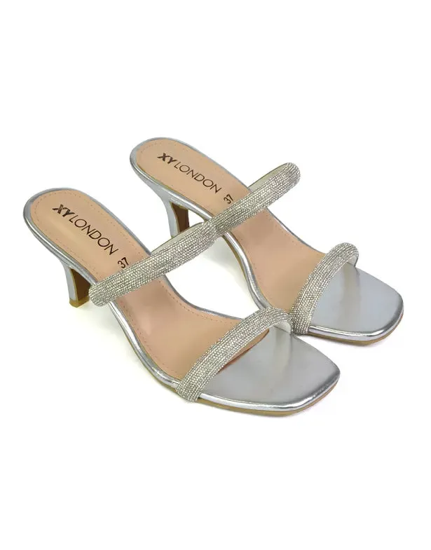 Nancy Square Toe Diamante Strappy Slip On Low Kitten Heel Mules in Silver sold by XYlondon