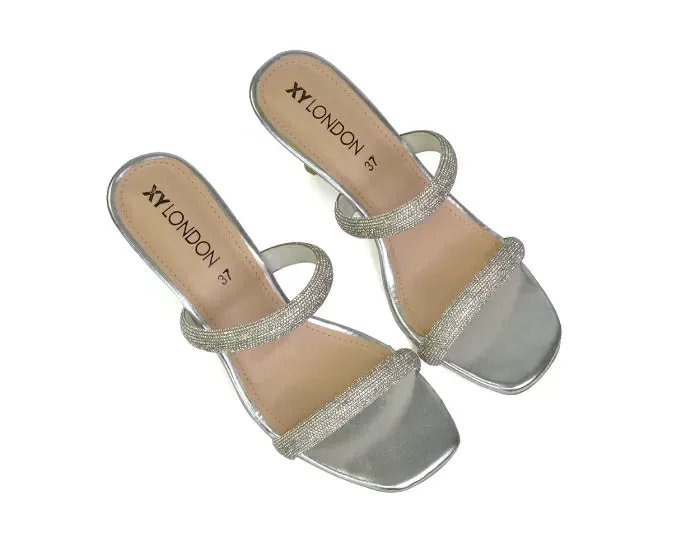 Nancy Square Toe Diamante Strappy Slip On Low Kitten Heel Mules in Silver sold by XYlondon product image thumbnail 3