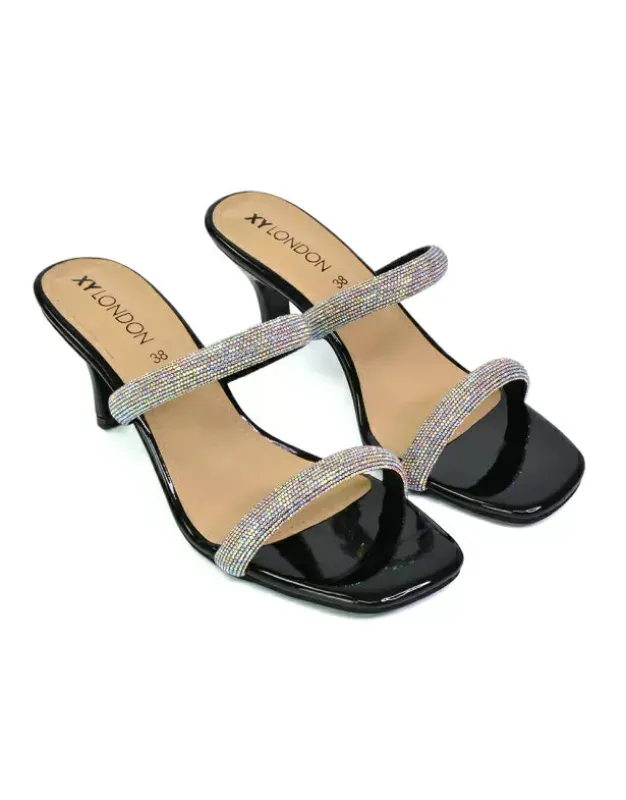 Nancy Square Toe Diamante Strappy Slip On Low Kitten Heel Mules in Black sold by XYlondon