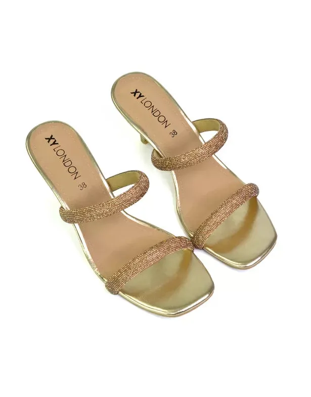 Nancy Square Toe Diamante Strappy Slip On Low Kitten Heel Mules in Gold sold by XYlondon