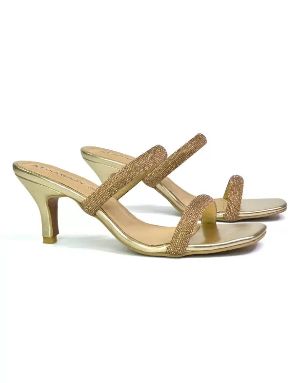 Nancy Square Toe Diamante Strappy Slip On Low Kitten Heel Mules in Gold sold by XYlondon product image thumbnail 2