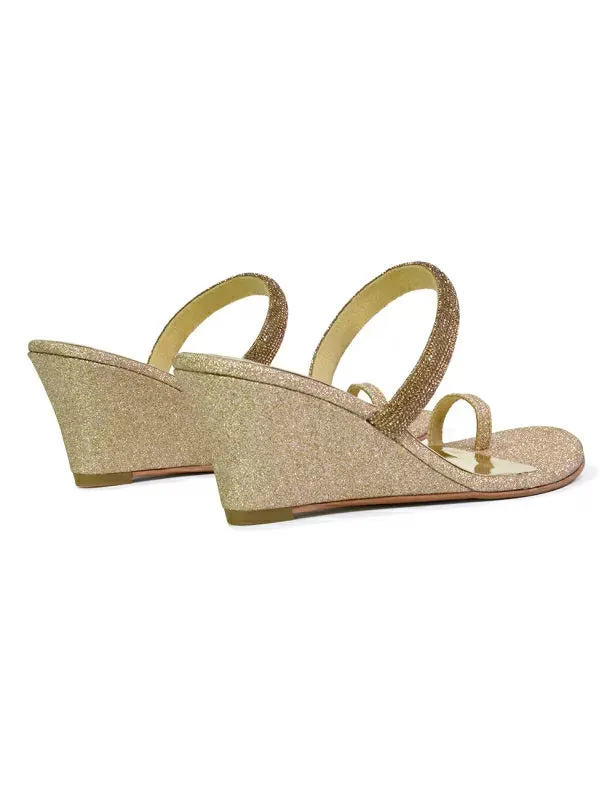 Lucille Slip On Strappy Sparkly Diamante Wedge Sandal Heels in Gold sold by XYlondon product image thumbnail 3