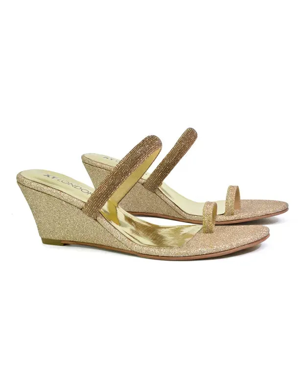 Lucille Slip On Strappy Sparkly Diamante Wedge Sandal Heels in Gold sold by XYlondon product image thumbnail 2