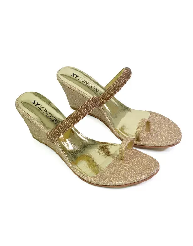 Lucille Slip On Strappy Sparkly Diamante Wedge Sandal Heels in Gold sold by XYlondon