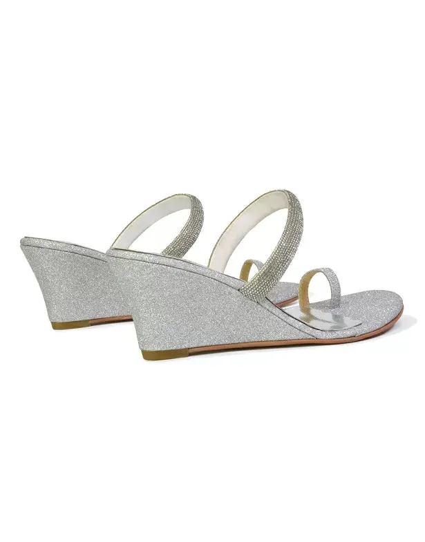 Lucille Slip On Strappy Sparkly Diamante Wedge Sandal Heels in Silver sold by XYlondon product image thumbnail 3