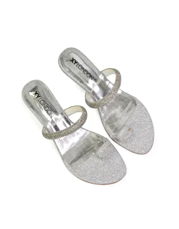 Lucille Slip On Strappy Sparkly Diamante Wedge Sandal Heels in Silver sold by XYlondon