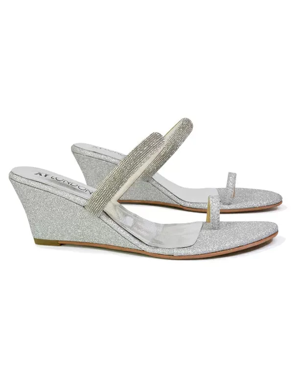 Lucille Slip On Strappy Sparkly Diamante Wedge Sandal Heels in Silver sold by XYlondon product image thumbnail 2