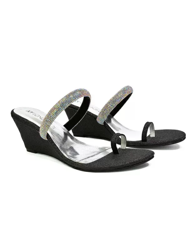 Lucille Slip On Strappy Sparkly Diamante Wedge Sandal Heels in Black sold by XYlondon product image thumbnail 3