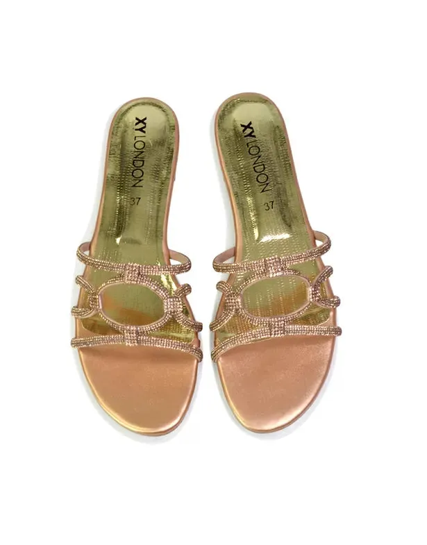 Tiger Slip On Summer Flat Diamante Sandal Statement Sparkly Sliders in Peach sold by XYlondon