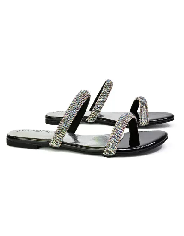 Hope Slip On Sparkly Bridal Shoes Summer Diamante Flat Sandals in Black sold by XYlondon