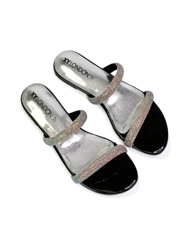 Hope Slip On Sparkly Bridal Shoes Summer Diamante Flat Sandals in Black sold by XYlondon product image thumbnail 2