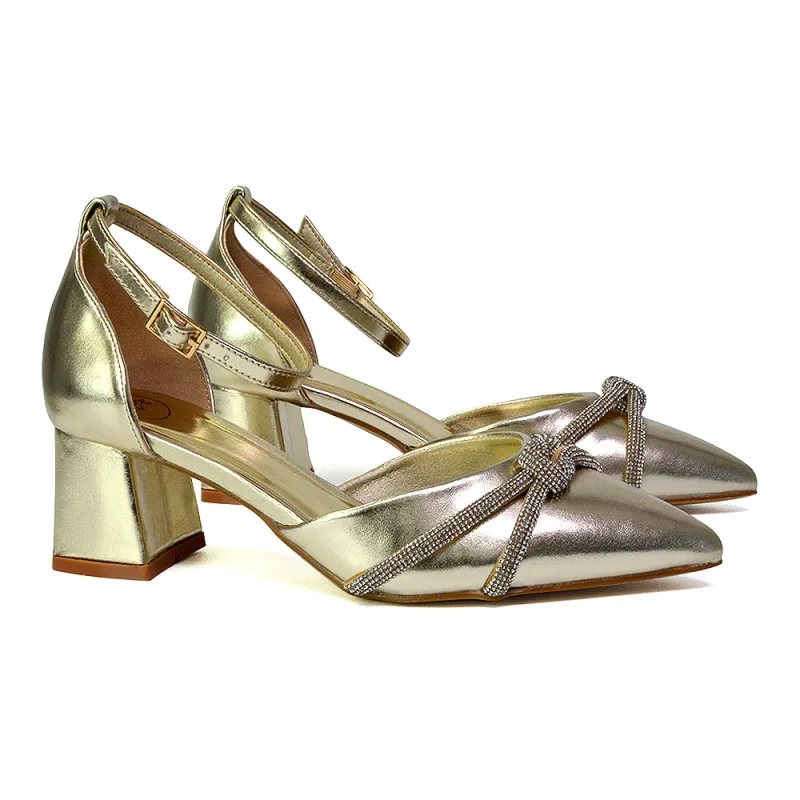 Gracie Diamante Strappy Mid Block Heel Sandals With a Pointed Toe in Gold sold by XYlondon