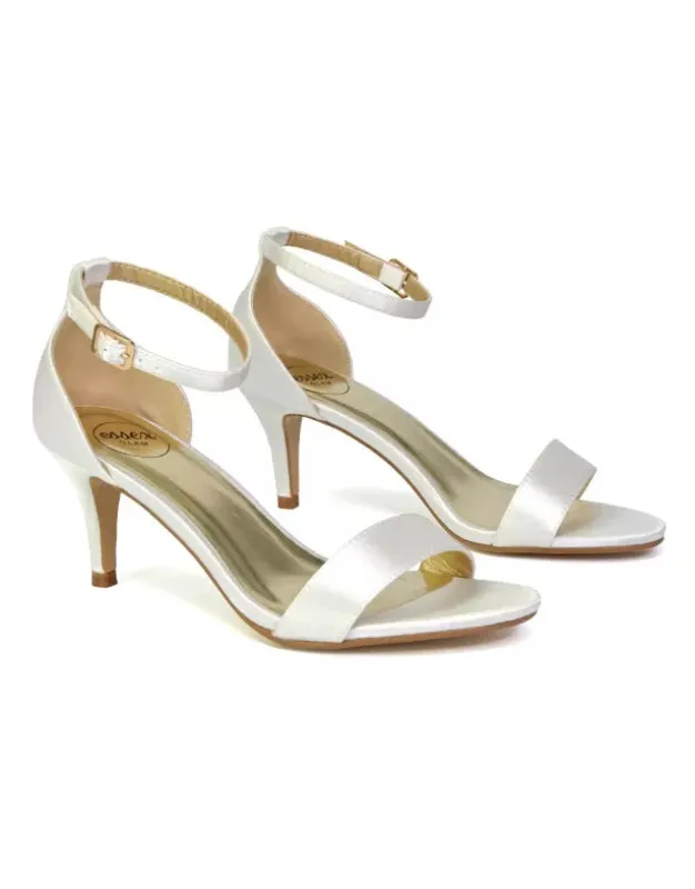 Jamie-Lee Dainty Buckle Ankle Strap mid Stiletto High Heel Sandals in Ivory Satin sold by XYlondon